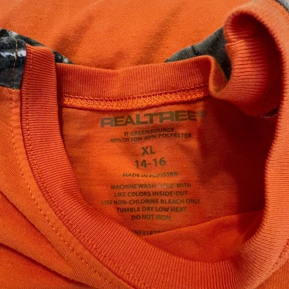 Real Tree Camo Orange Long Sleeve Raglan Shirt Kids XL 14-16 Hunting Outdoor - Picture 6 of 6
